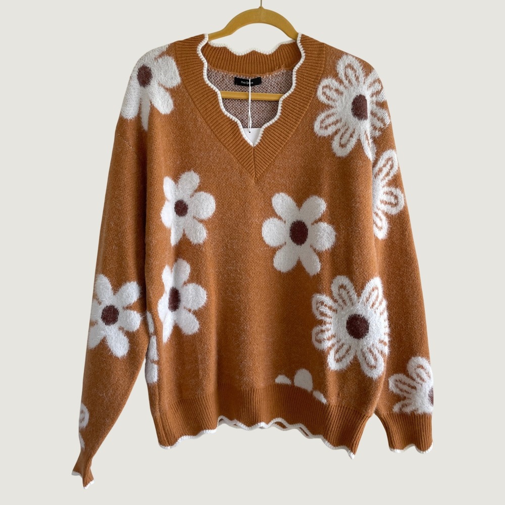 Pink Queen Sweater Womens Large Orange Daisy Floral Scalloped V-Neck Fuzzy Knit